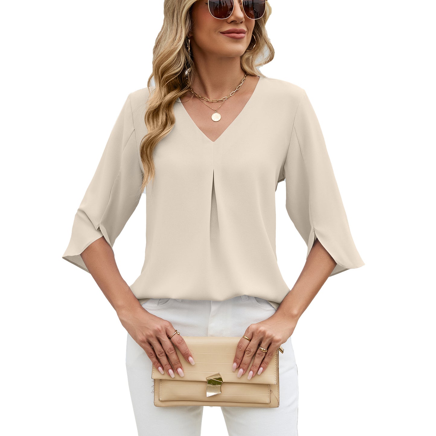Women's Fashion Half Sleeve Pleated Loose-fitting Tops