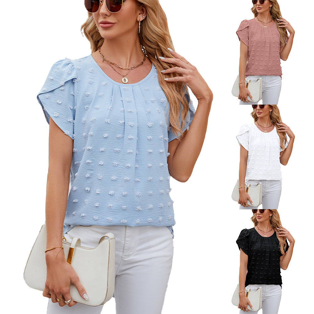 Jacquard Round Neck Petal Sleeve Solid Lace Shirt, Chiffon Shirt
