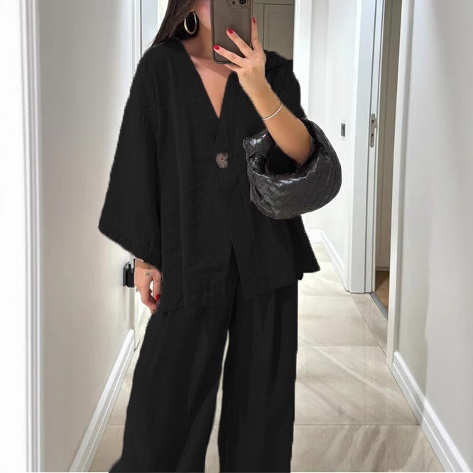 Women's Button Loose Long Sleeve High Waist Fashion Casual Suit