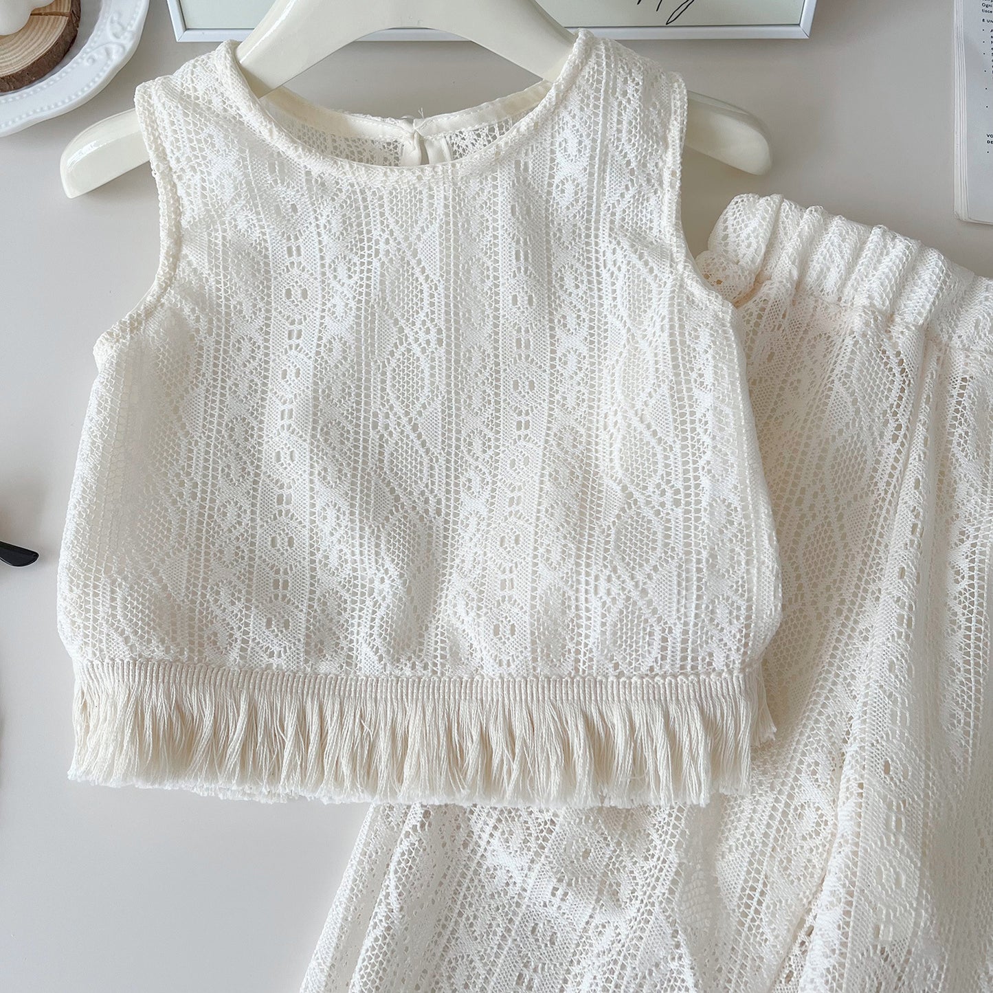 Summer Korean Style Lace Mesh Flower Vest Pants Refreshing Children's Suit