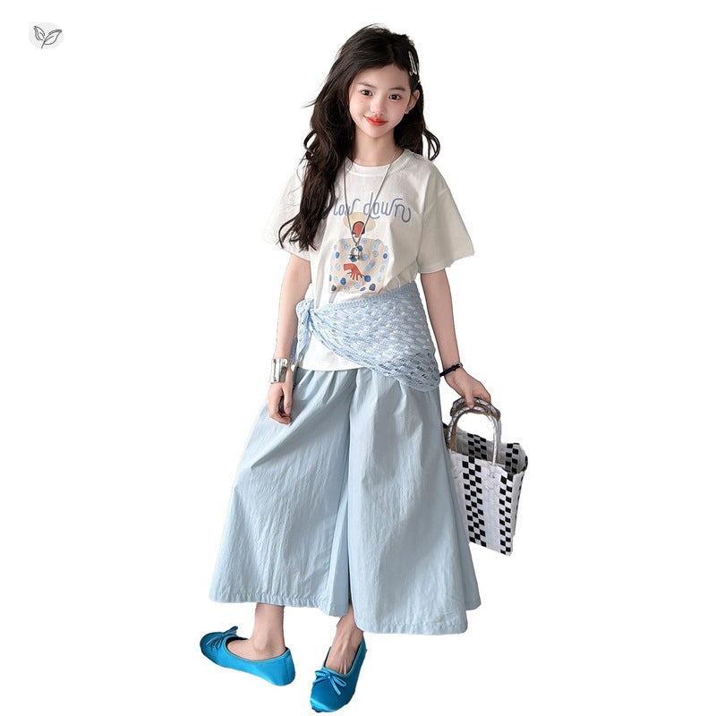 Fishnet Shawl Summer Middle Big Cartoon Printed Children's Suit