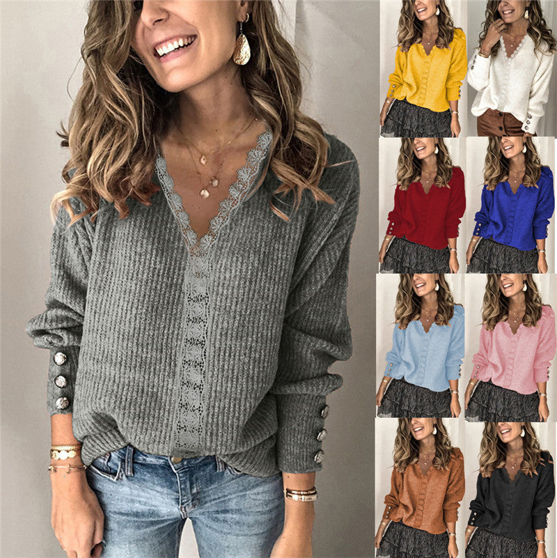 Women's Lace Outer Pullover Loose Long Sleeve Solid Sweaters