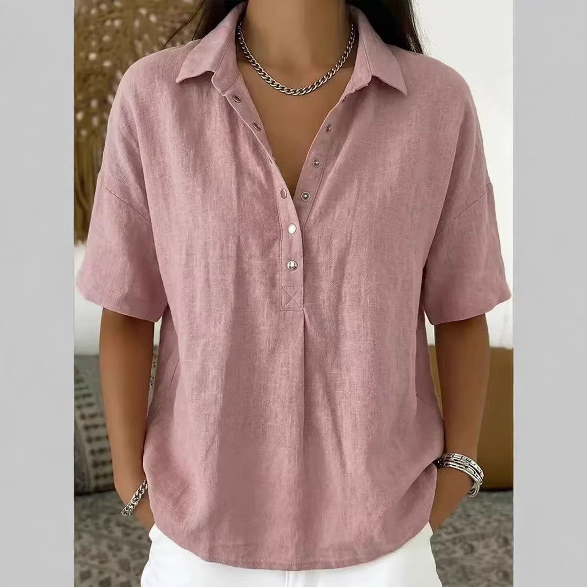 Women's Summer Loose Snap Fastener Lapel Sleeve Solid Color Women's T-shirt