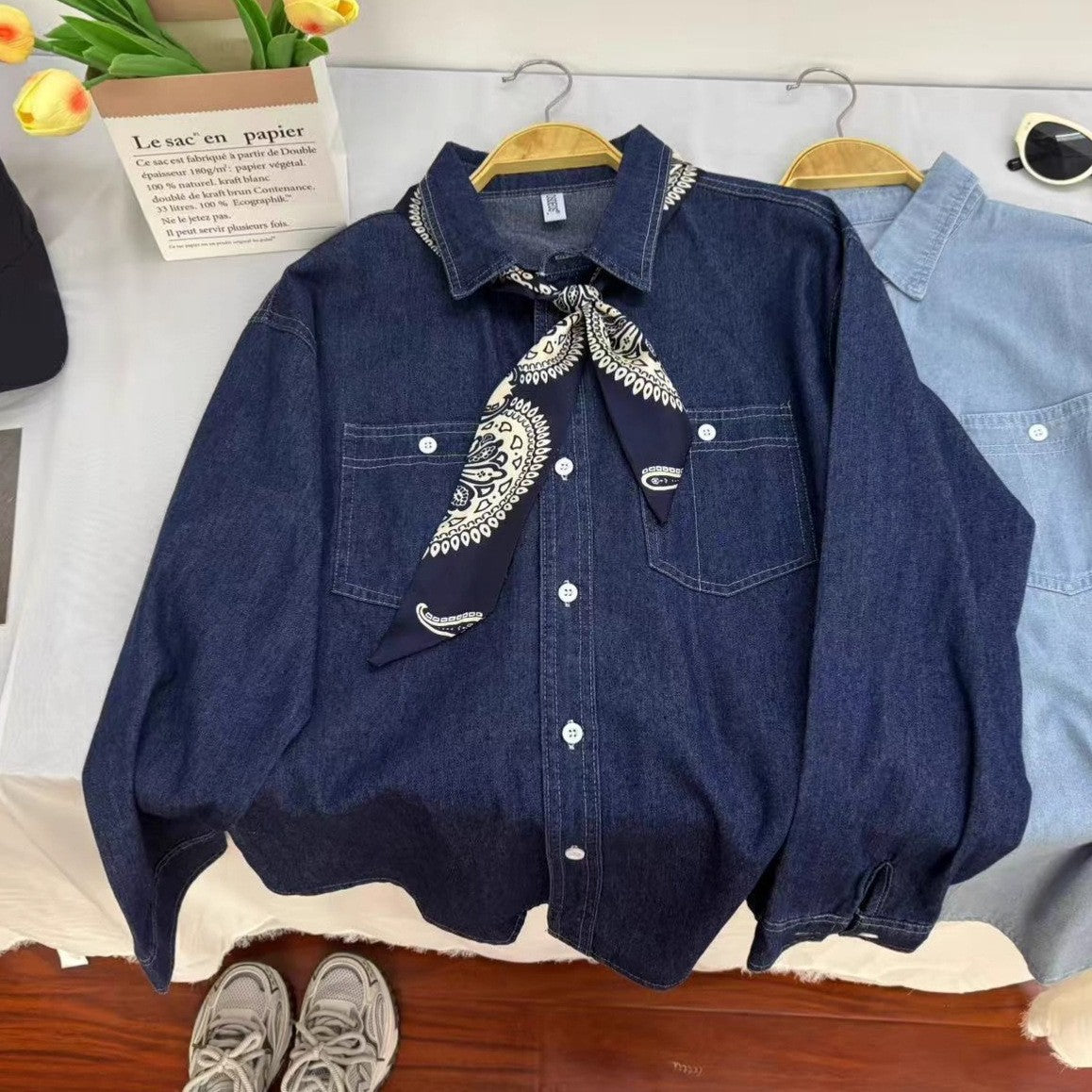 Women's Solid Color Denim Shirt Long Sleeve Blouse