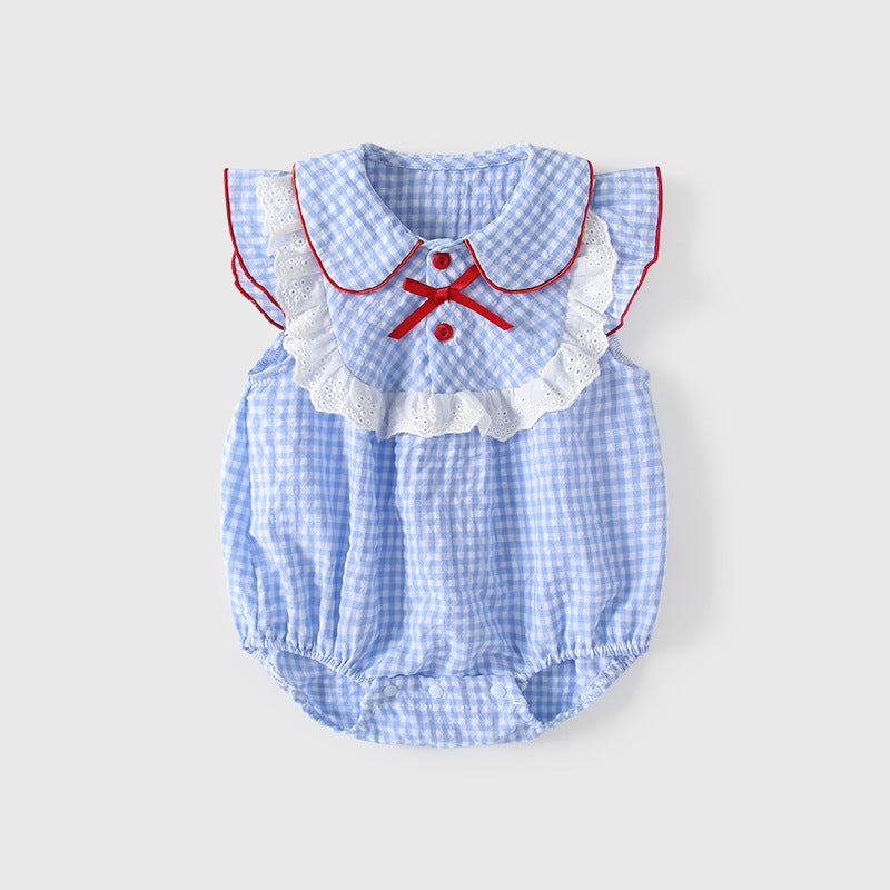 Summer Preppy Style Blue White Plaid Stitching Lace Flounced Jumpsuit, Climbing Suit