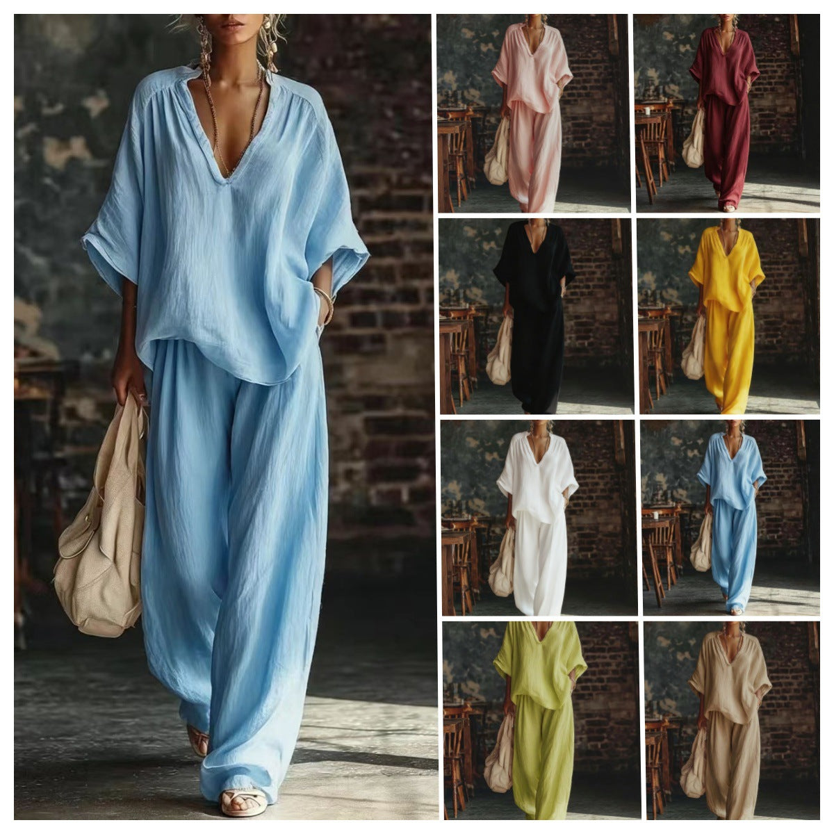 Women's Solid Color Loose Short-sleeved Trousers Two-piece Suits