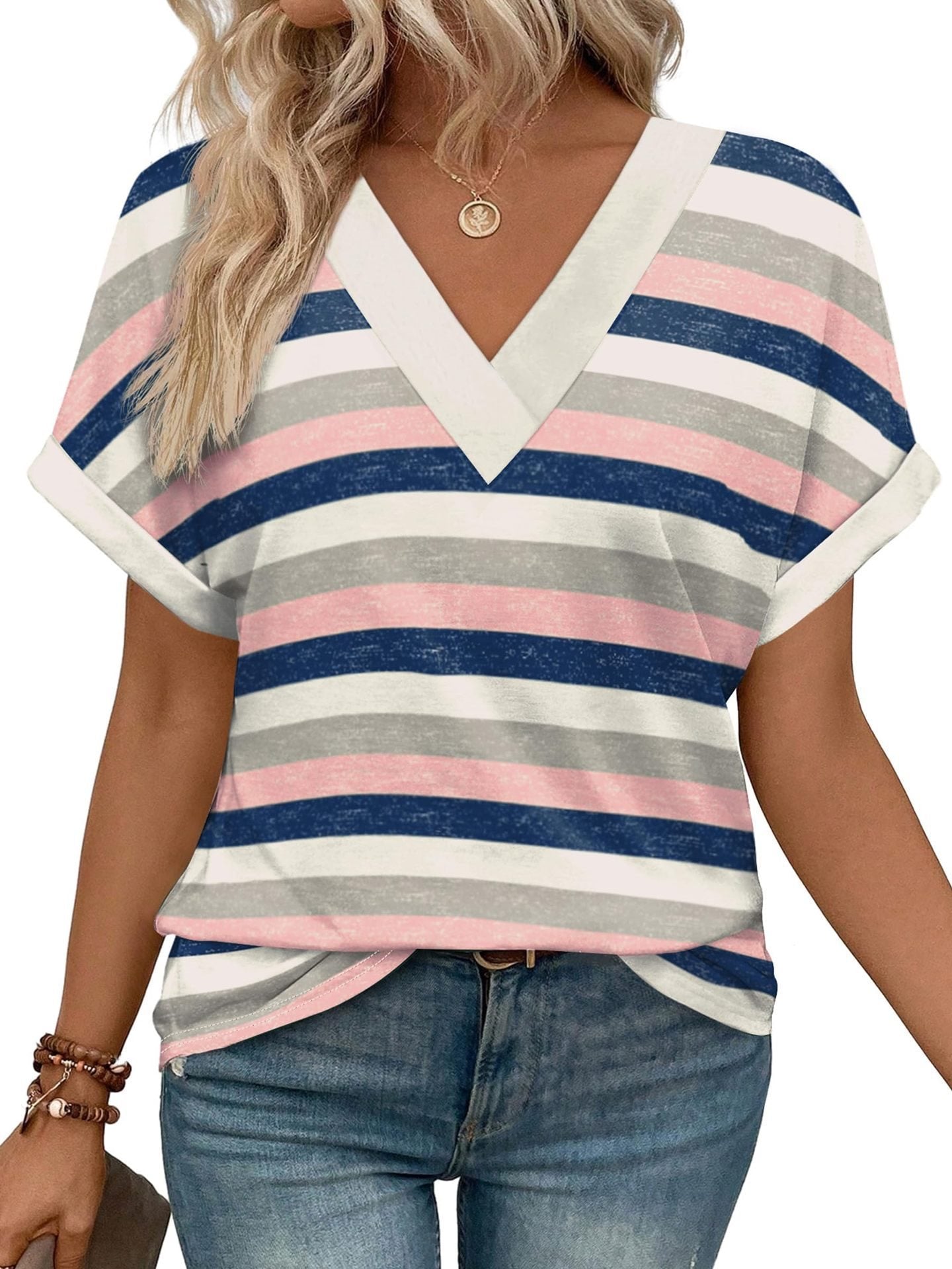 Women's Casual Round Neck Striped Short-sleeved Overseas Tops