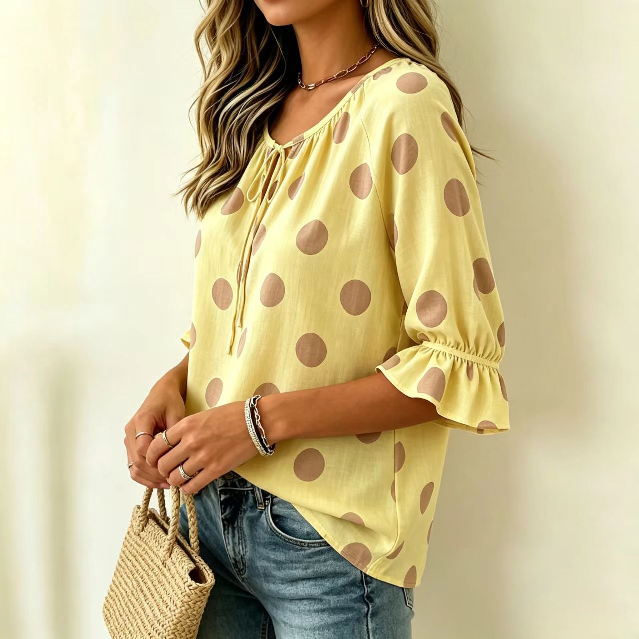 Women's Summer Printed Polka Dot Round Neck Tied Tops