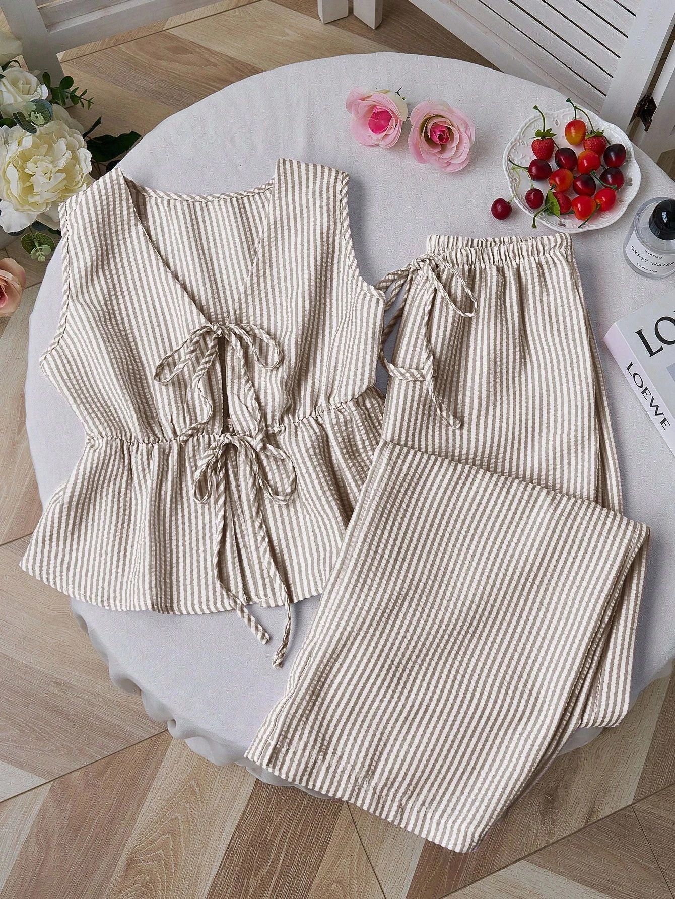 Color Striped Lace Up Wild Loose Trousers Fashion Casual Suit