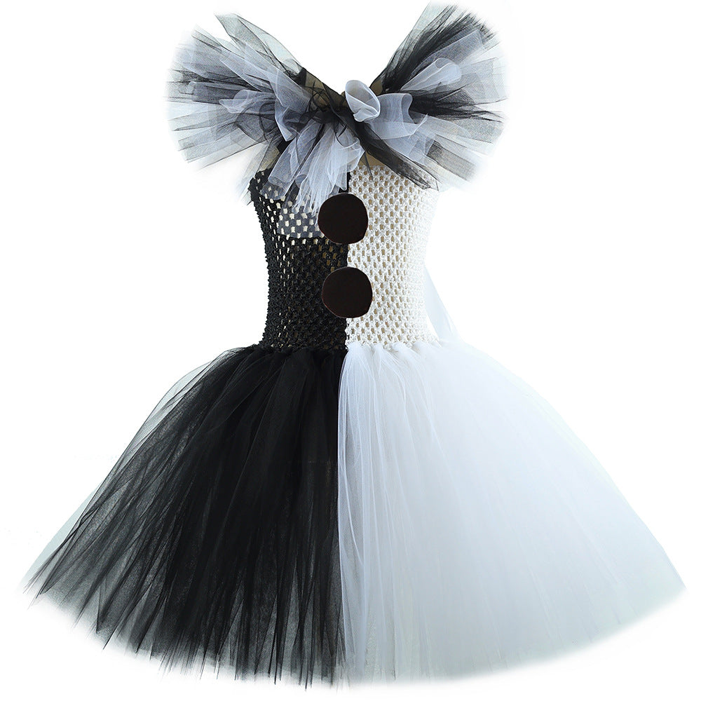 Children's Halloween Black White Clown Mesh Bubble Skirt Autumn Performance Children's Dress