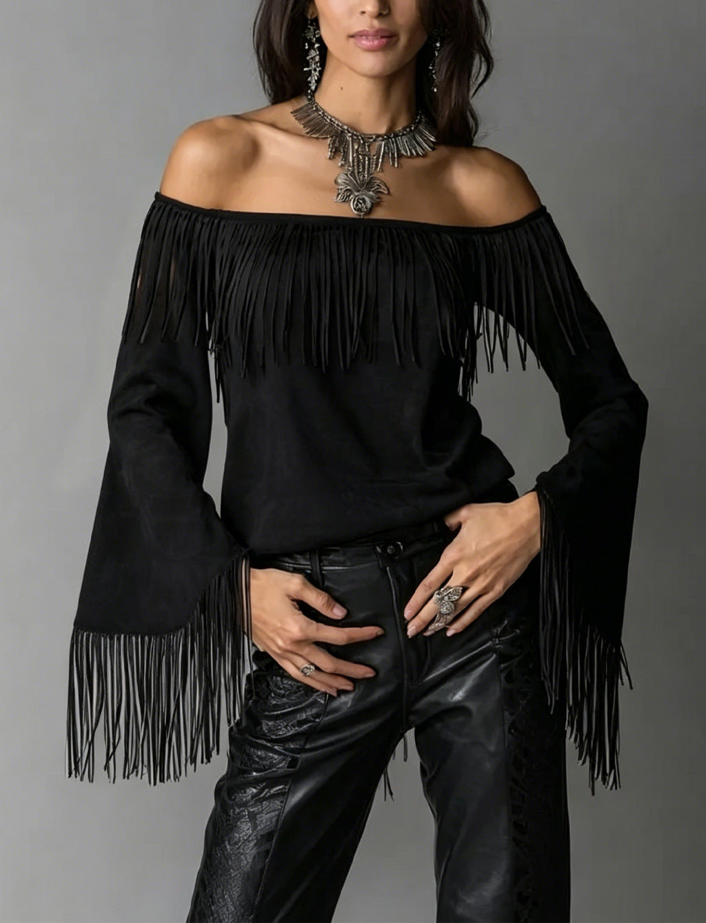 Women's Retro Tassel Suede Flared Long Sleeve Western Women's T-shirt