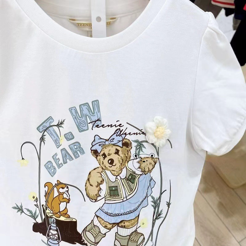Korean Style Little Bear Cotton Class Knitted Soft Breathable Flower Children's T-shirt