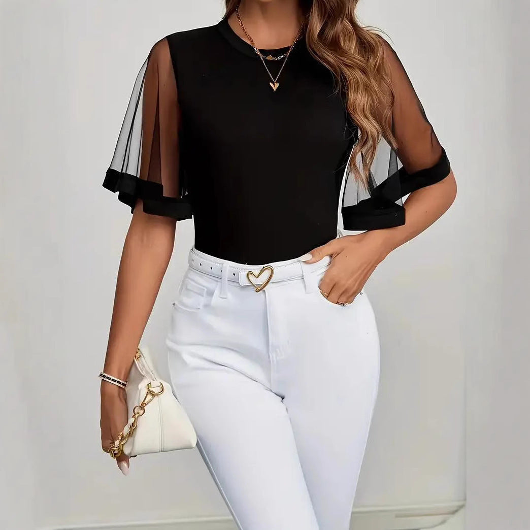Women's Casual Mesh Stitching Transparent Bell Sleeve Women's T-shirt