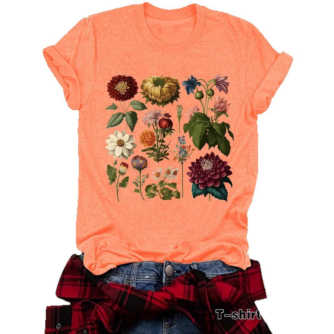 Graceful Floral Print Sleeve Loose Fashion Women's T-shirt