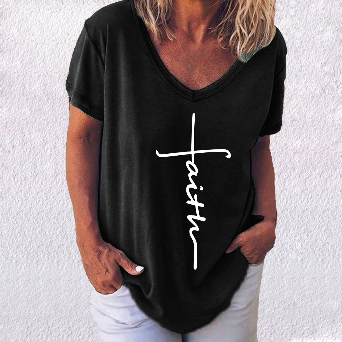 Women's Summer Casual Cross Printed Sleeve Women's T-shirt