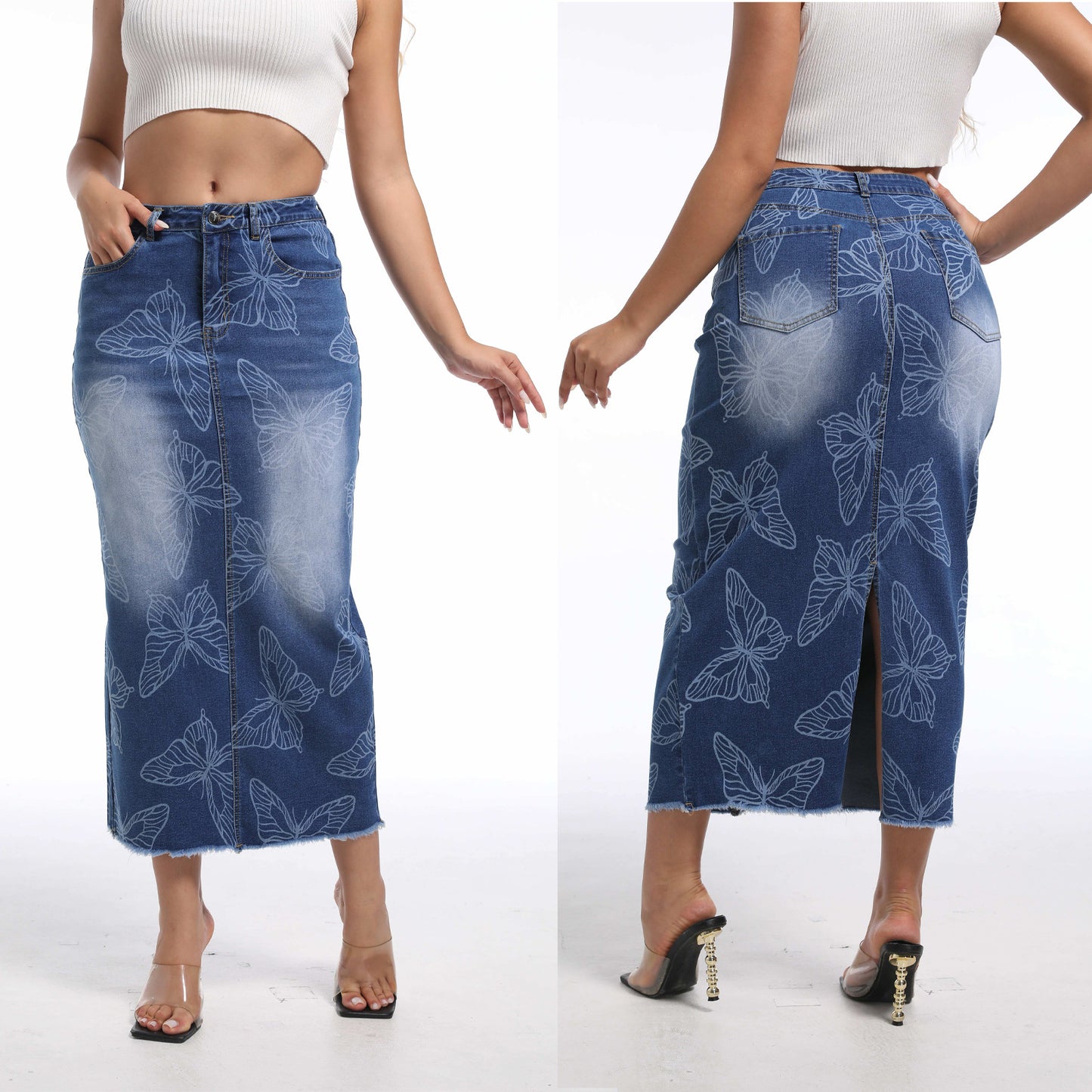 Women's Butterfly Print High Waist Denim Long Skirt