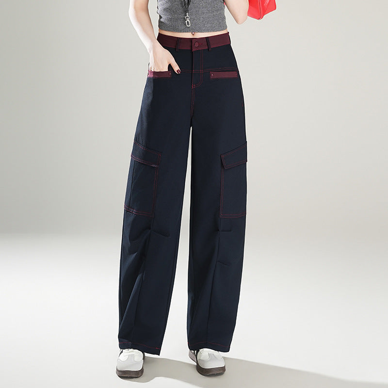 Contrast Color Overalls High Waist Slimming Loose Mop Machete Casual Pants
