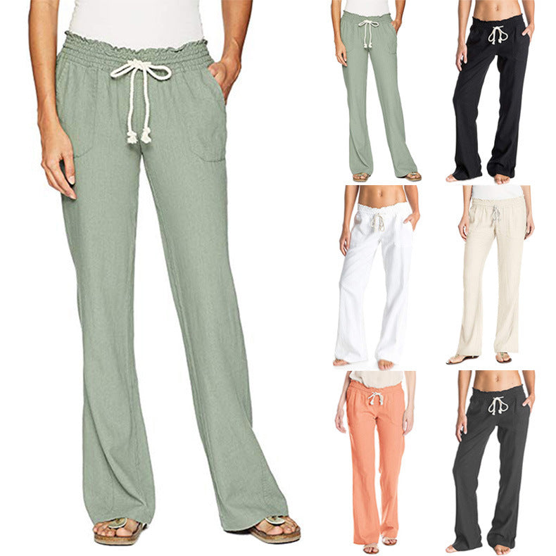Women's Soft Cotton Linen Pure Color Tied Loose Pants