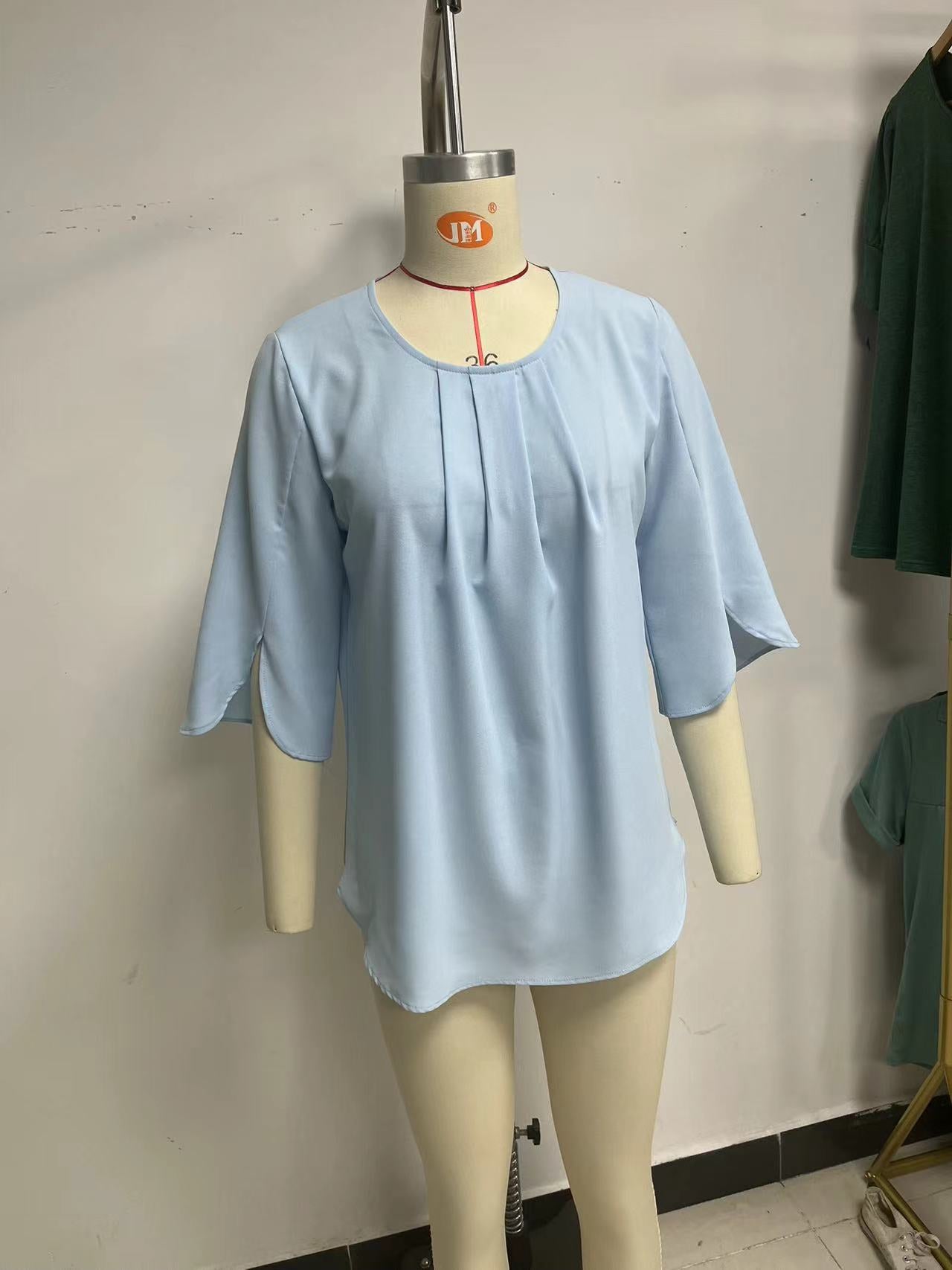 Women's Color Round Neck Half Sleeve Loose Lace Shirt, Chiffon Shirt