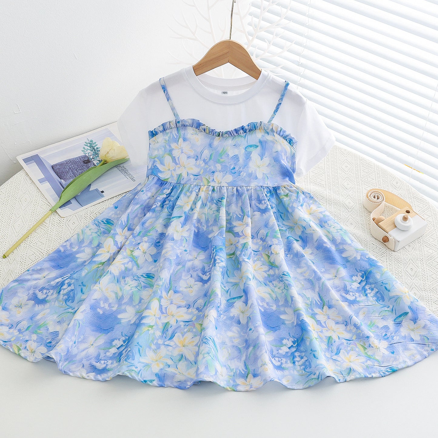 Children's Large Cotton Silk Short Sleeve Fake Two Pieces Artificial Summer Children's Dress