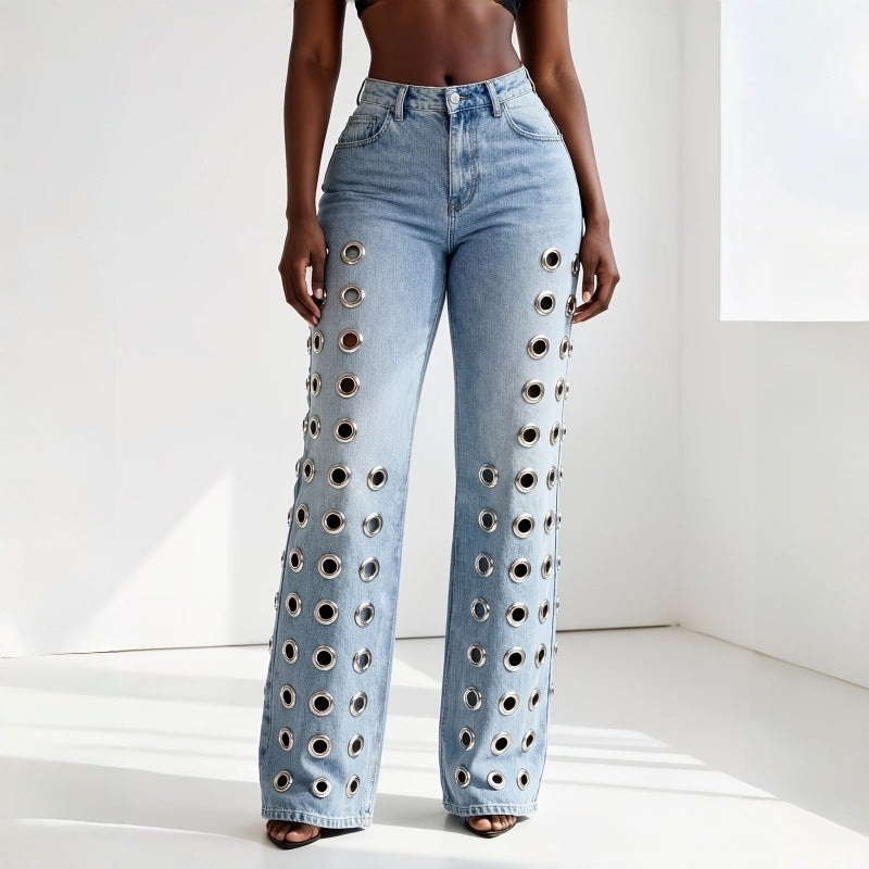 Women's Waist Metal Hollow Design Washed Straight Women's Jeans