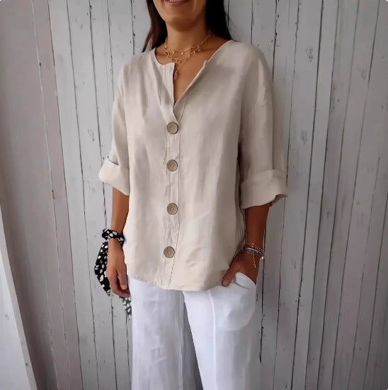 Women's Summer Loose T-shirt Cotton Linen Button Tops