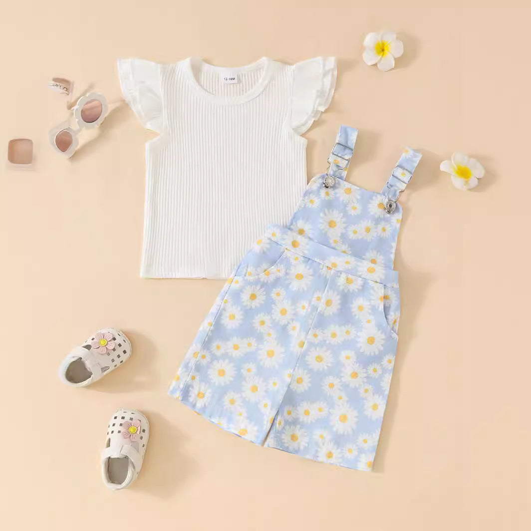 Cute Sunken Stripe White Flying Sleeves Children's Suit