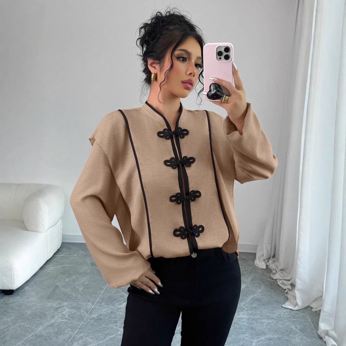 Women's Knot Design Sense National Style Long-sleeved Artistic Blouse