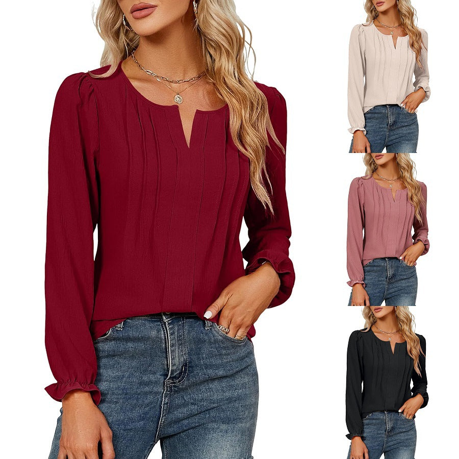 Women's Casual Solid Color Long Sleeve Stripes Lace Shirt, Chiffon Shirt