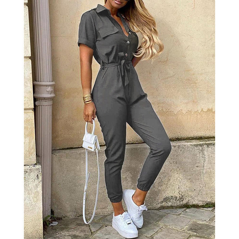 Women's Summer Trousers Lapel Button Printed Belt Casual Pants