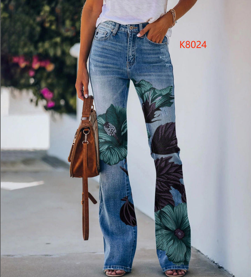 Pretty Women's Large Printed Denim Thin Jeans