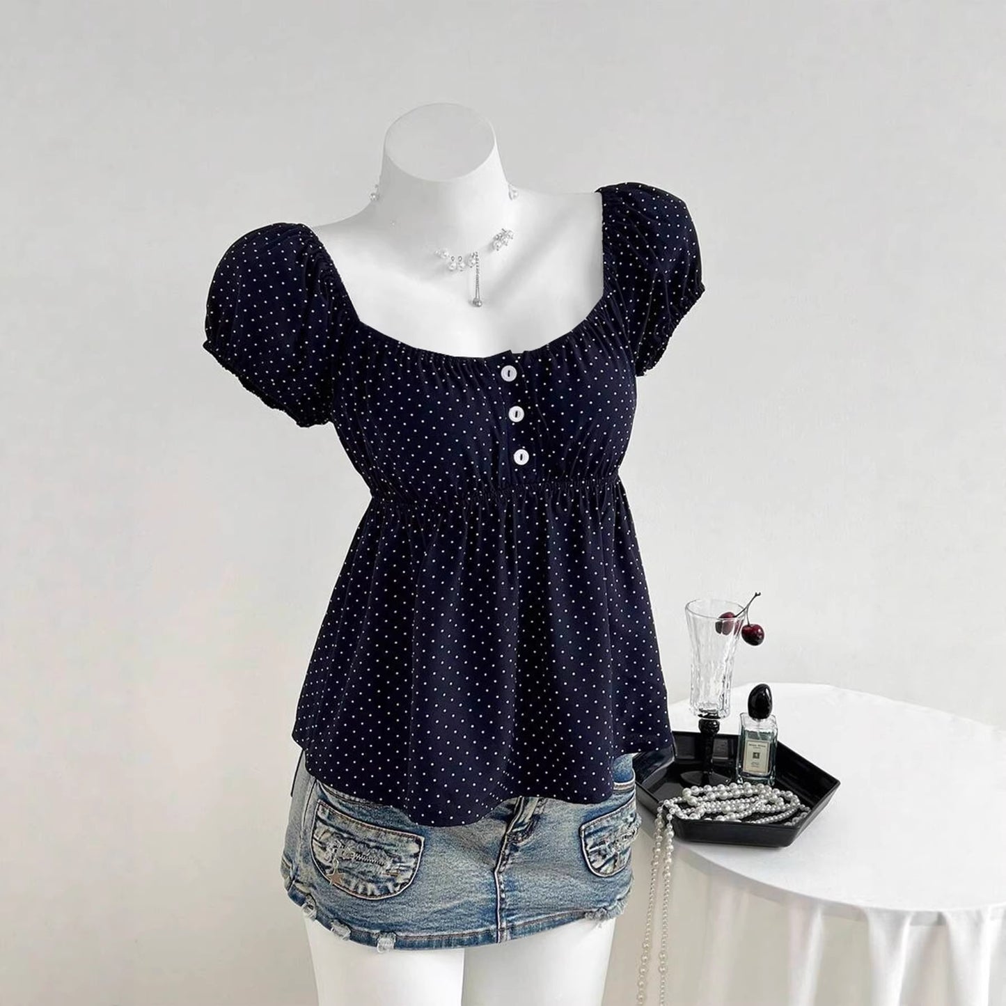 Women's Polka Dot Puff Sleeve French Cinched Lace Shirt, Chiffon Shirt