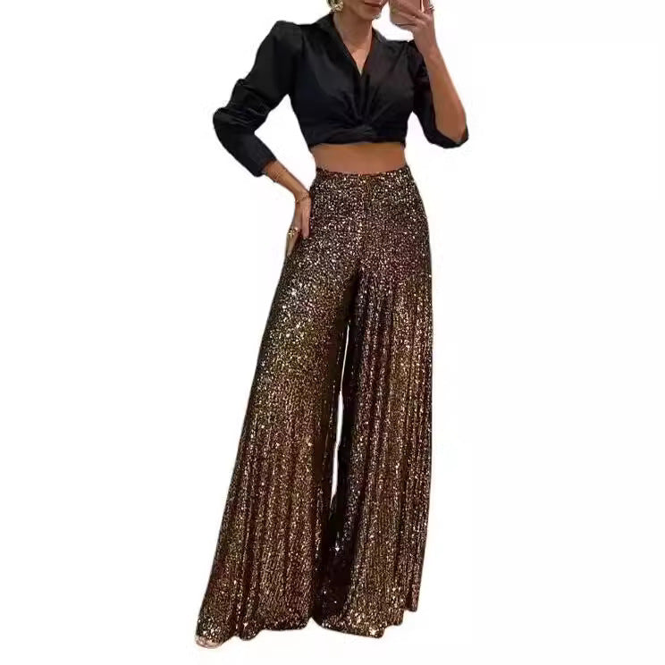 Elegant Commuter Everyday Style Solid Color Shiner Wide Leg Casual Pants