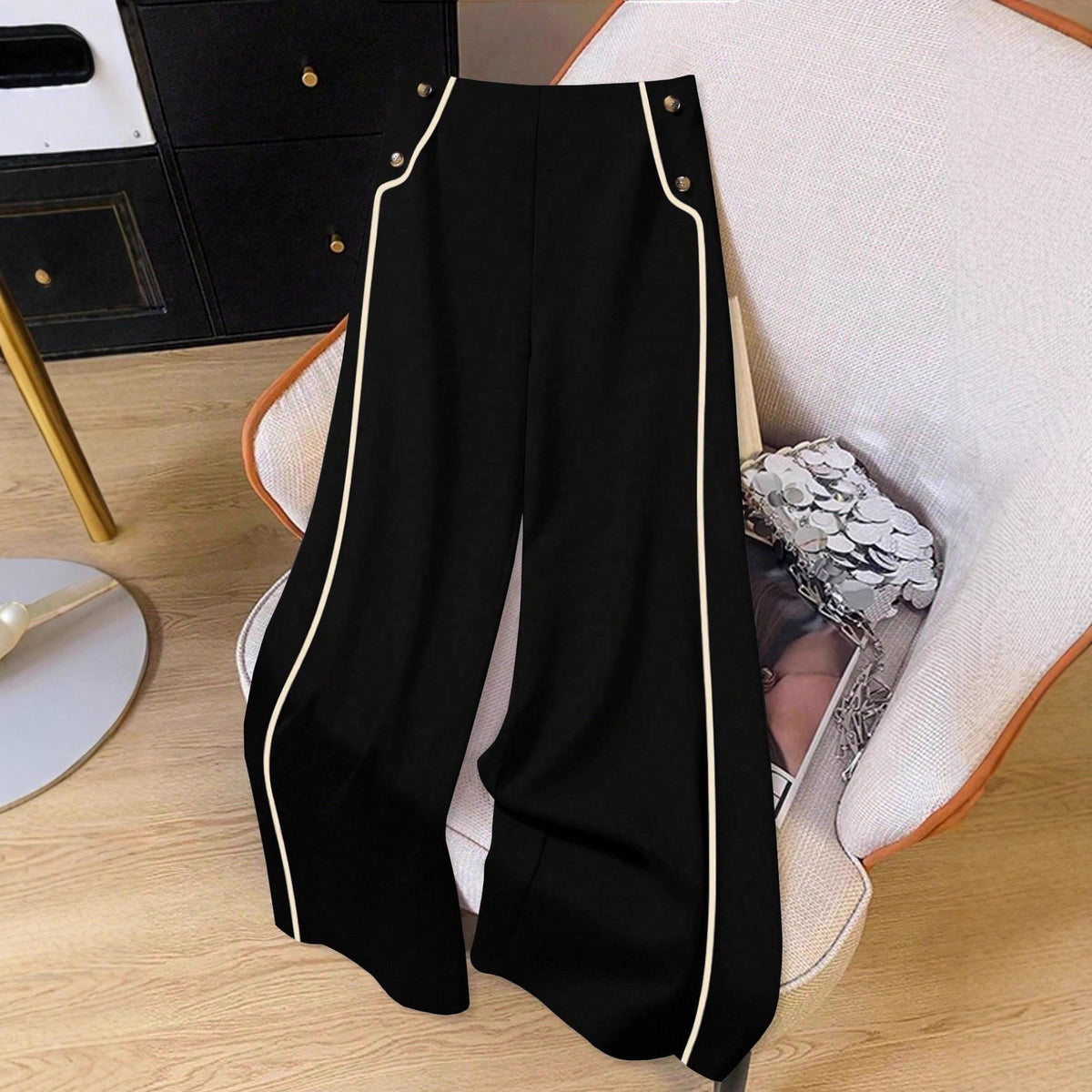 Fashion Side Striped Design High Waist Slimming Button Pants