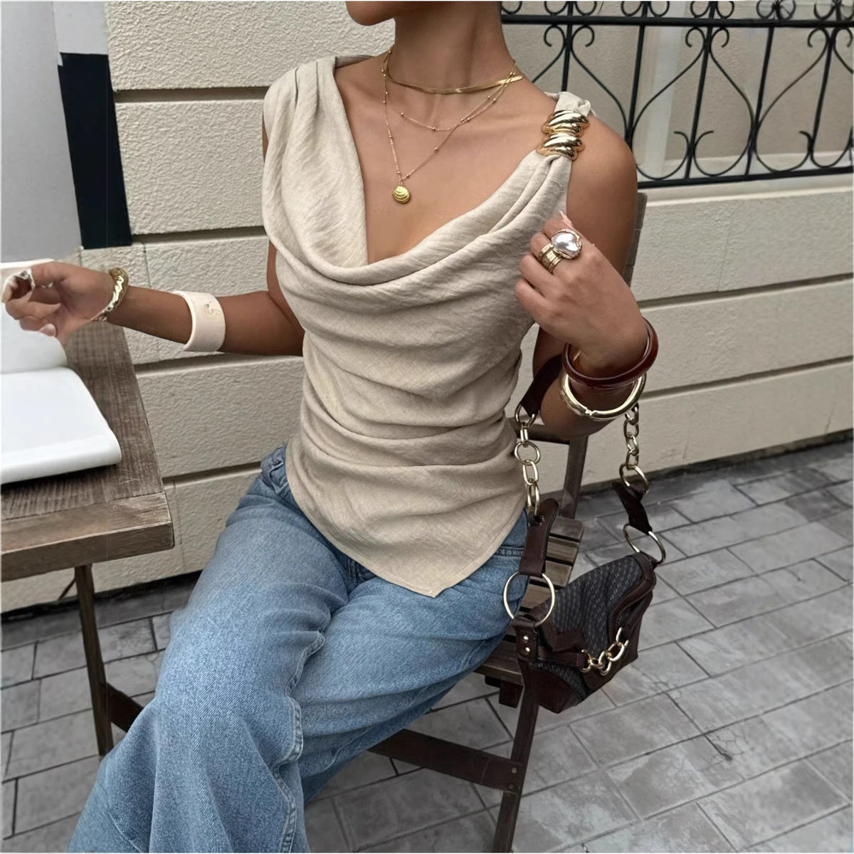 Women's Summer Pile Collar Metal Decorative Sleeveless Small Vest/suspenders/tube Top