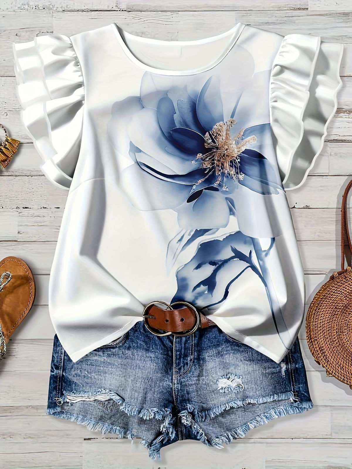Summer Casual Fashion Floral Printed Round Large Size T-shirt