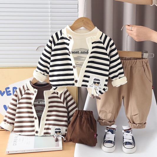 Fashionable Spring Clothing Striped Cardigan Three-piece Children's Suit