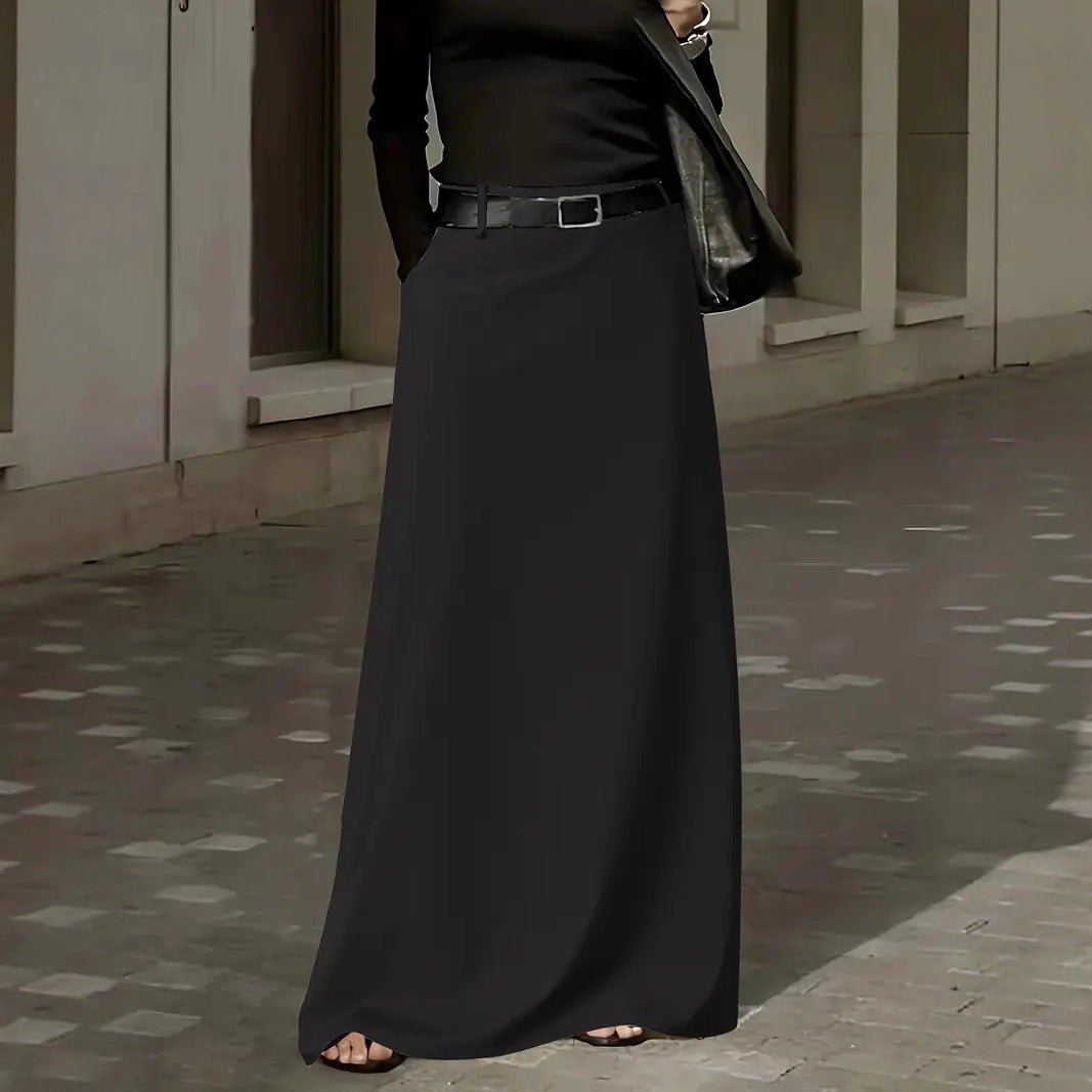 Women's Elegant Style High Waist Solid Color Pocket Large Swing Skirt