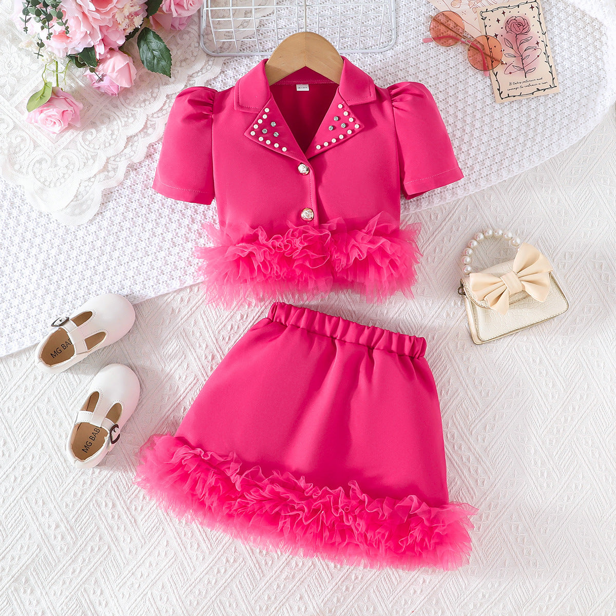 Summer Solid Color Collar Beaded Top Mesh Lace Children's Suit