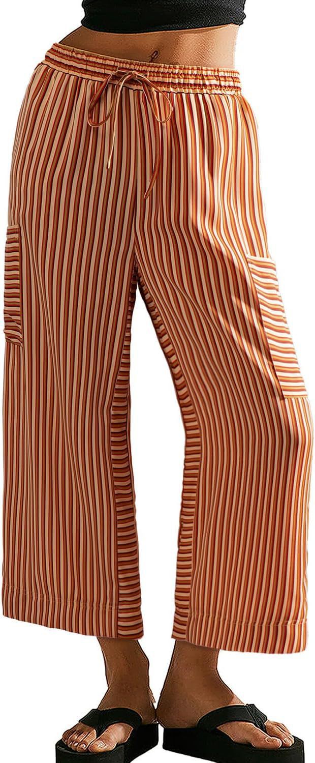 Women's Striped Drawstring Wide Leg Beach Breathable Pants