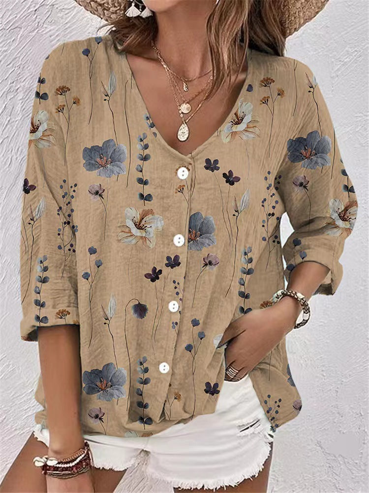 Casual Women's Buttons Printed Long Sleeve Lace Shirt, Chiffon Shirt