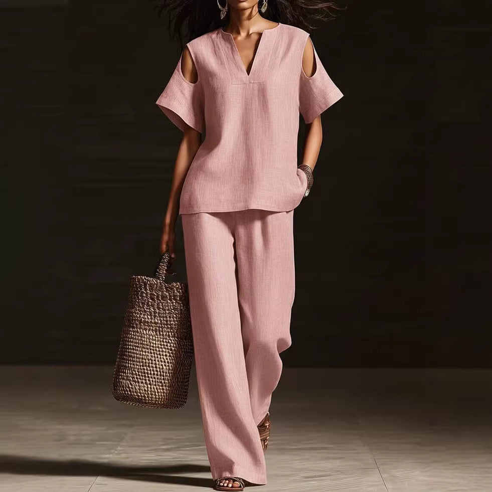 Women's Cotton Linen Solid Color Hole Fashion Casual Suit