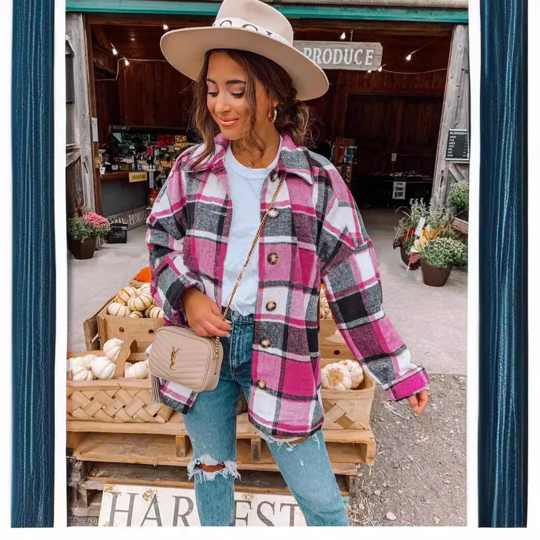 Women's Long Sleeve Lapel Loose Plaid Shirt Coats