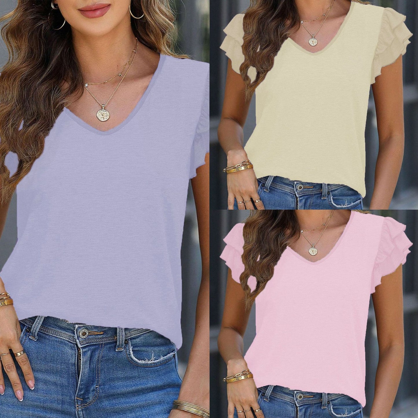 Classy Women's Solid Color Cake Sleeve Women's T-shirt