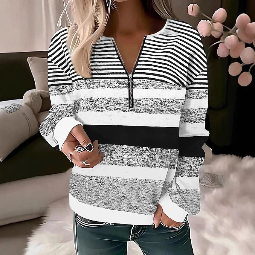 Women's Comfortable Fashion Half Zipper Collar Shoulder Striped Large Size T-shirt