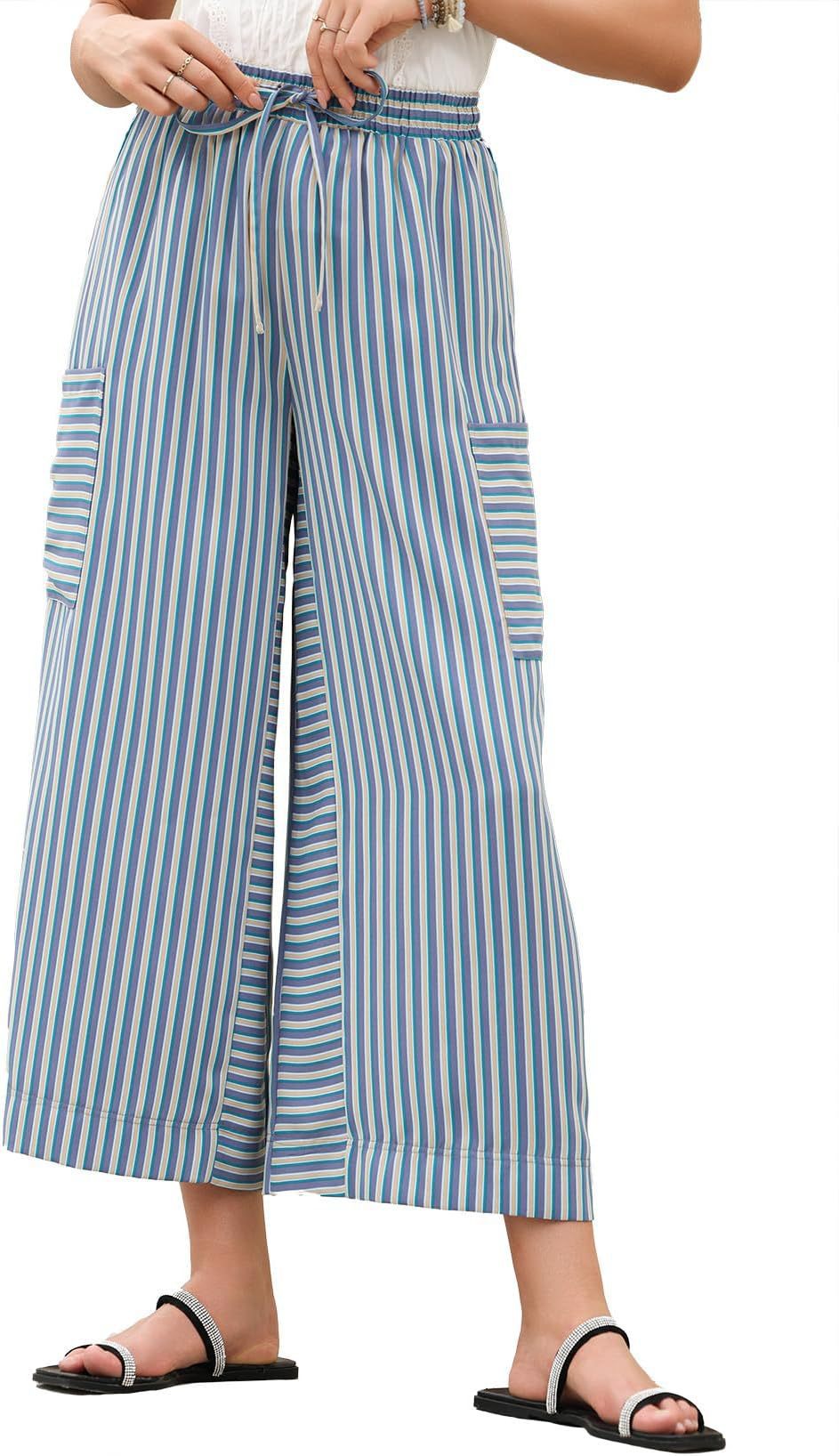 Women's Striped Drawstring Wide Leg Beach Breathable Pants