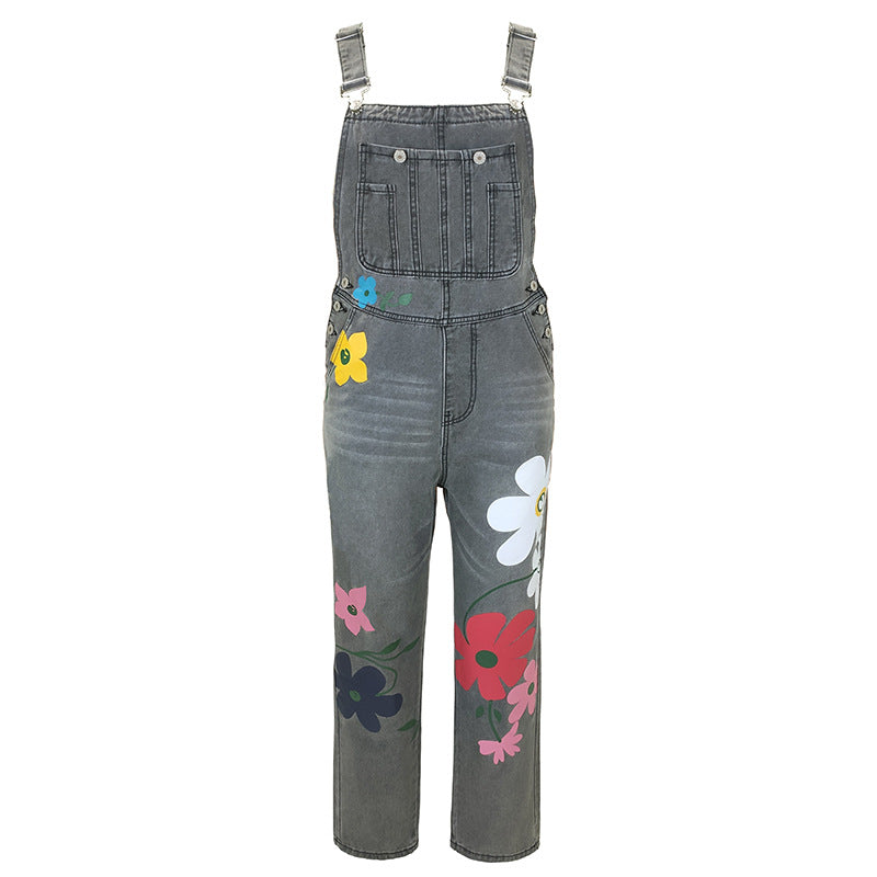Women's Washed Cotton Polyester Printed Straight Bib Women's Jeans