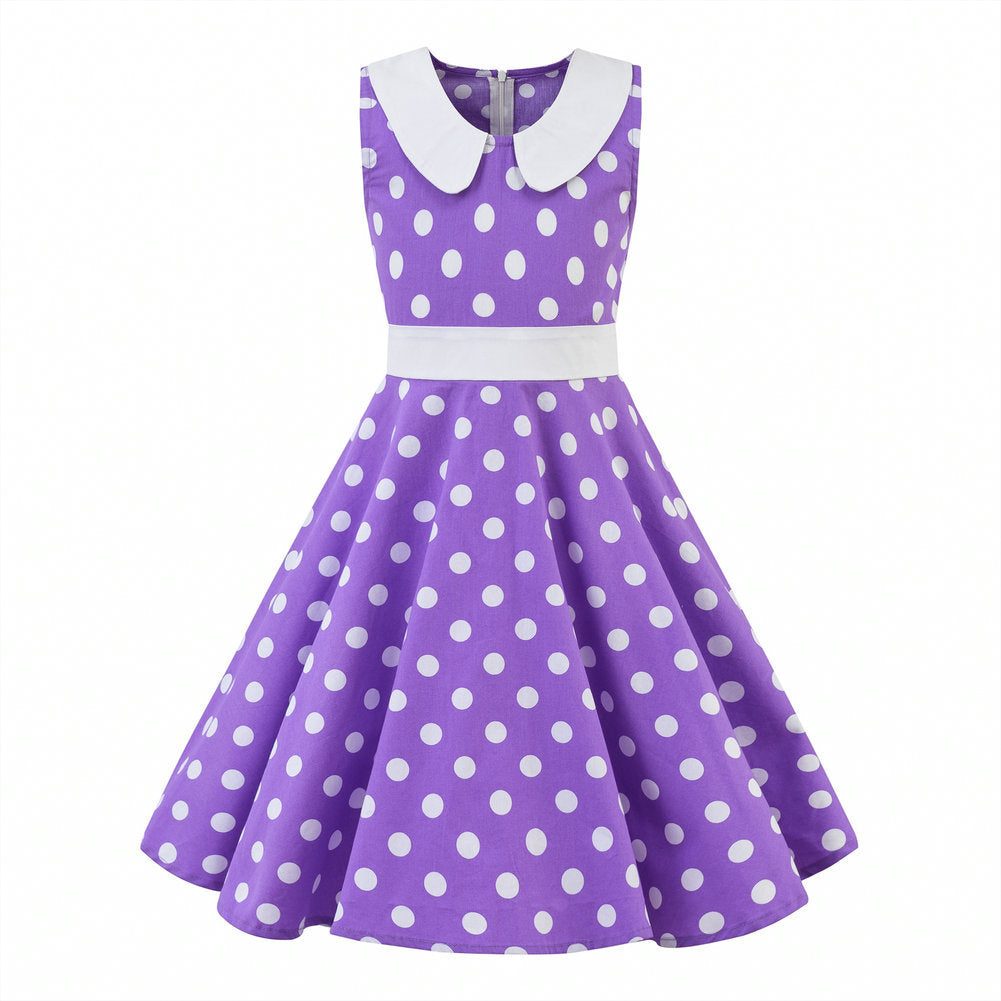 Retro Polka Dot Doll Collar Cinched Sleeveless Daily Children's Dress