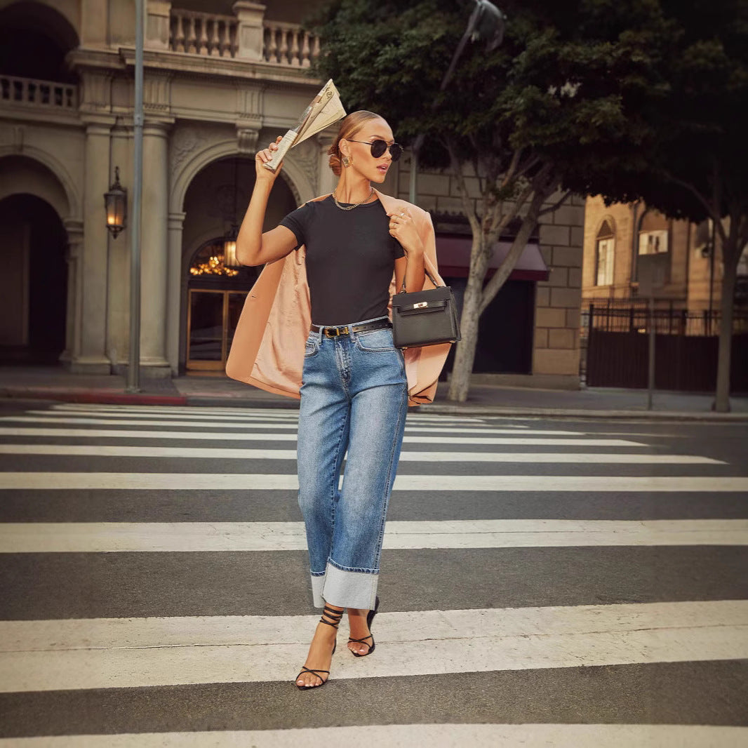 Women's Spring High Elastic Straight Quality Retro Waist Women's Jeans