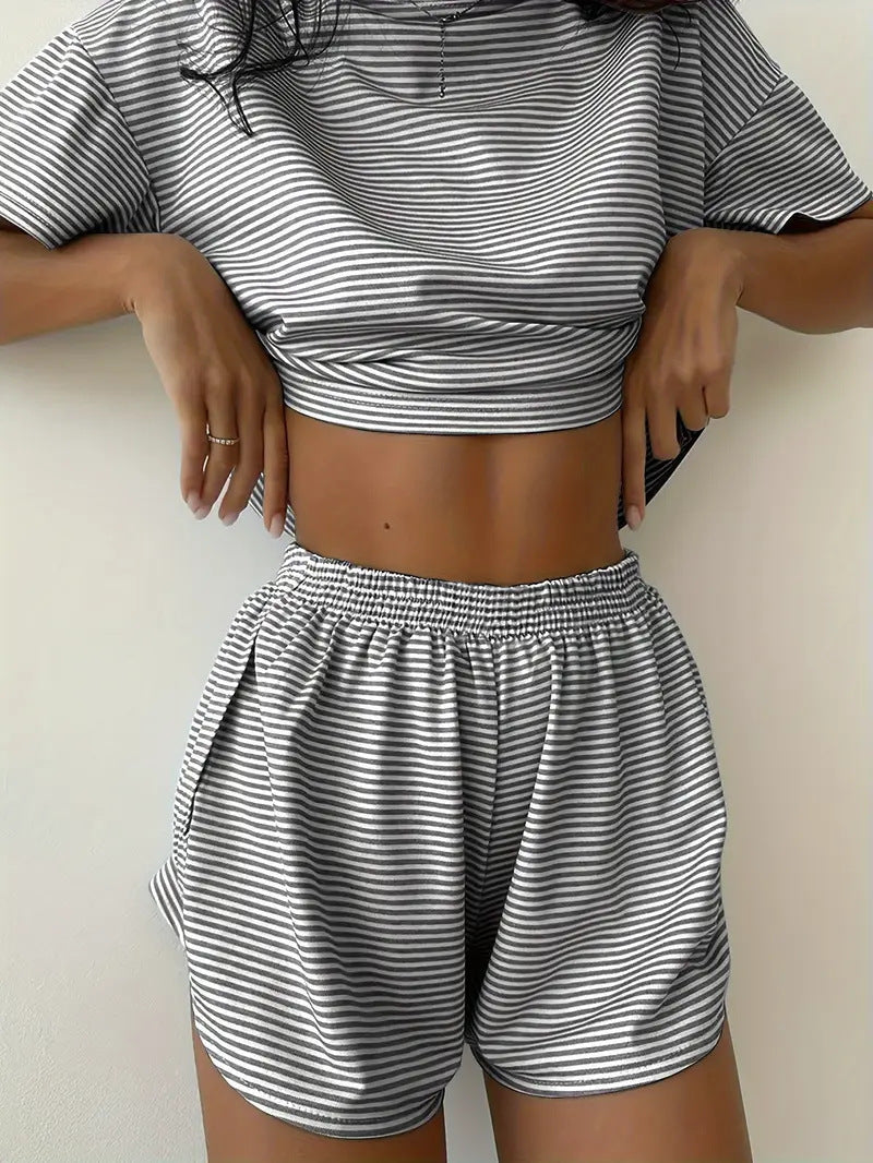 Women's Simple Elastic Waist Comfortable Home Striped Sleeve Fashion Casual Suit